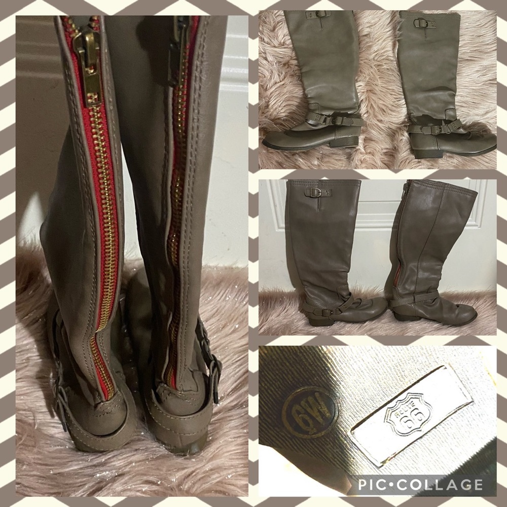 Size 6W Knee high Route 66 Taupe colored Zip-up studded back riding boots.